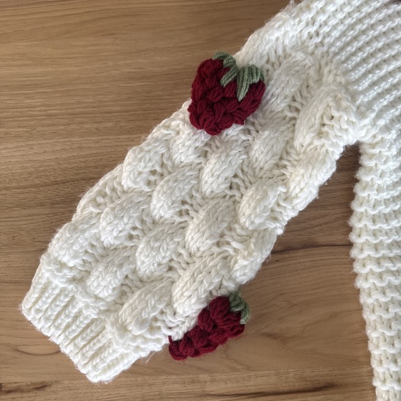 Strawberry Women's Lg Cardigan Sweater White Crochet Open Front Straw Shortcake - Picture 2 of 13